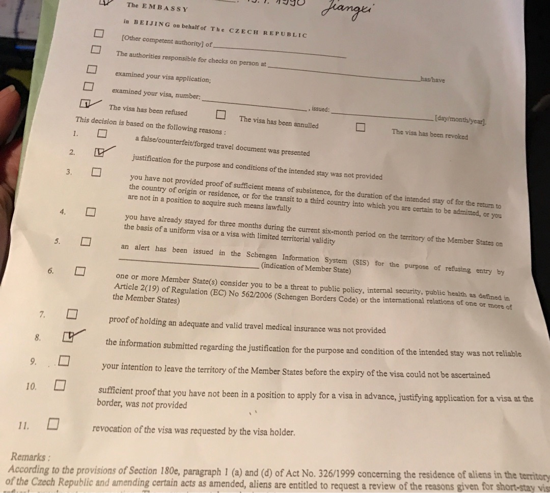 急!捷克拒签之后二签行程问题