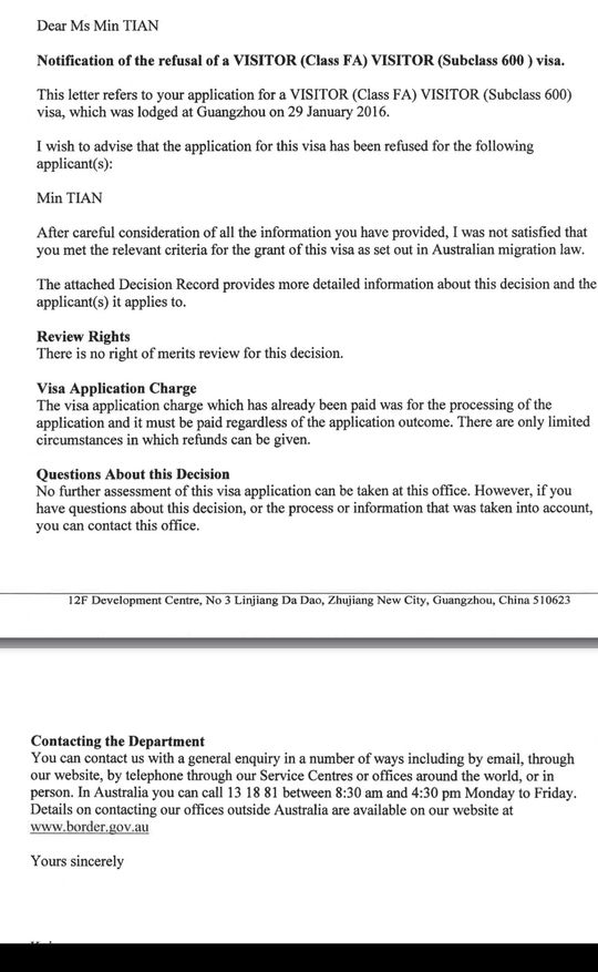 澳新团签被拒?无电调,等了两周旅行社发来拒签
