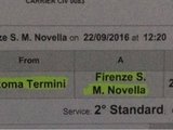 转9.22 12:20-13:51从罗马特米尼到佛罗伦萨SMN的火车票2张