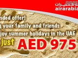 "Air Arabia"的促销信息，975AED往返机票加签证