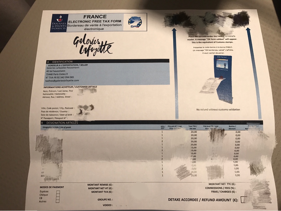 关于巴黎老佛爷现金退税后退税单怎么寄的问题