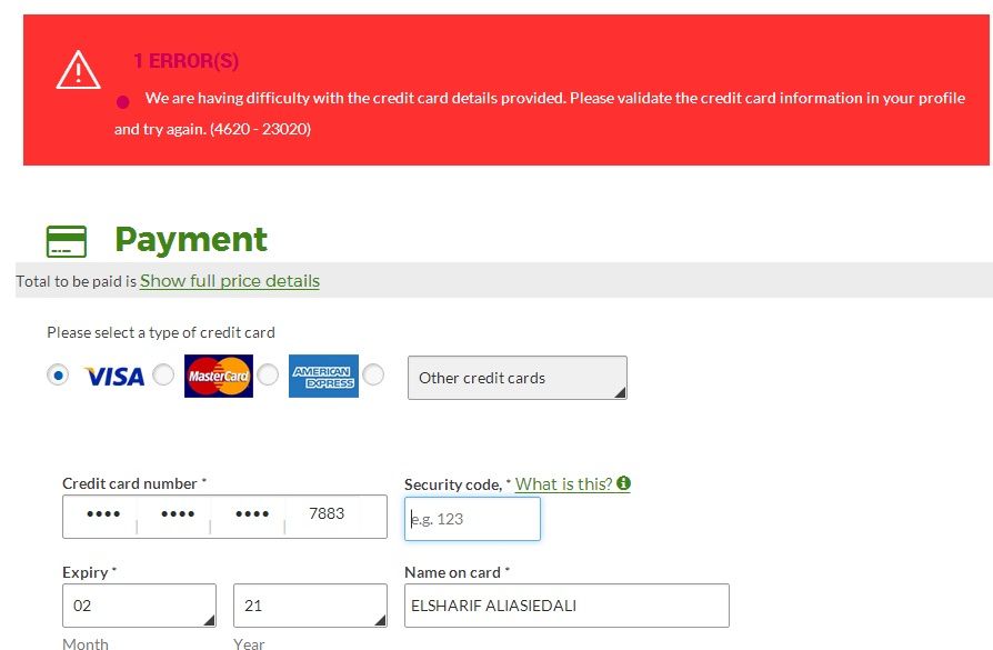 葡萄牙航空买行李付款失败,好像识别不了信用