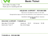 转让2张3月7日晚七点二十赫尔辛基到罗瓦涅米VR夜火车票