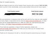 转让加拿大航空代金券947.16CAD，无使用时间限制