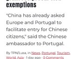 中国敦促葡萄牙给予免签政策