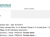 转让10月26日米兰至佛罗伦萨火车票两张