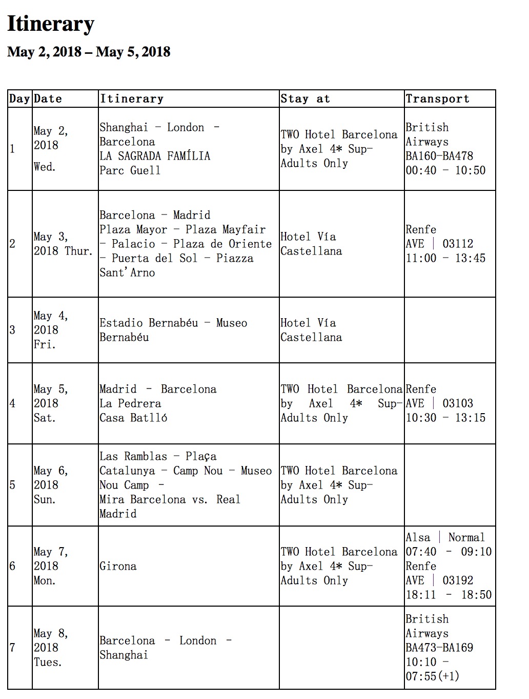 申请西班牙签证的行程单,大大们帮忙瞧瞧行不